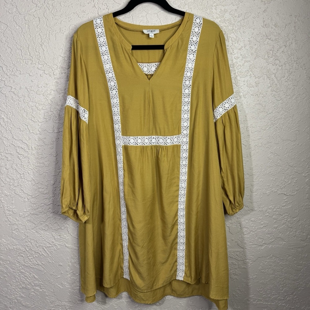 Umgee USA Crochet Detail Dress Womens L Golden Yellow Boho‎ Beach Casual Cottage